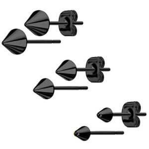 forbidden body jewelry 316l surgical steel spike stud earrings for women or men, 3-pair black (3/4/5mm)