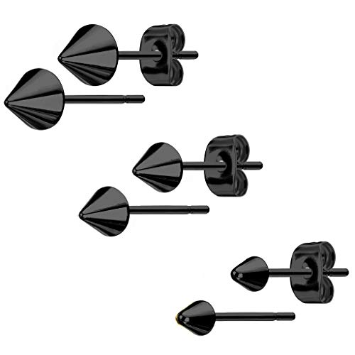 Forbidden Body Jewelry 316L Surgical Steel Spike Stud Earrings for Women or Men, 3-Pair Black (3/4/5mm)