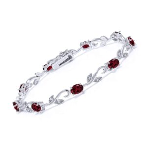 Gem Stone King 925 Sterling Silver Red Rhodolite Garnet and Diamond Greek Vine Tennis Bracelet For Women (4.63 Cttw, Gemstone Birthstone, Oval 6X4MM, 7 Inch)