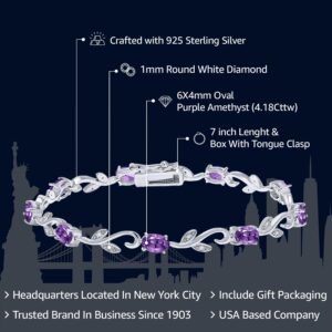 Gem Stone King 4.18 Cttw Purple Amethyst and White Diamond Greek Vine Tennis Bracelet For Women In 925 Sterling Silver | Gemstone Birthstone | Oval 6X4MM | 7 Inch