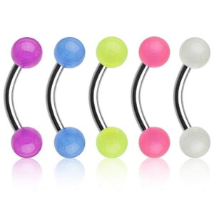 forbidden body jewelry 16g (8mm) surgical steel curved barbells for eyebrow/rook/daith piercing and more (5-pack of glow-in-the-dark)