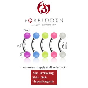 Forbidden Body Jewelry 16G (8mm) Surgical Steel Curved Barbells for Eyebrow/Rook/Daith Piercing and More (5-Pack of Glow-in-the-Dark)