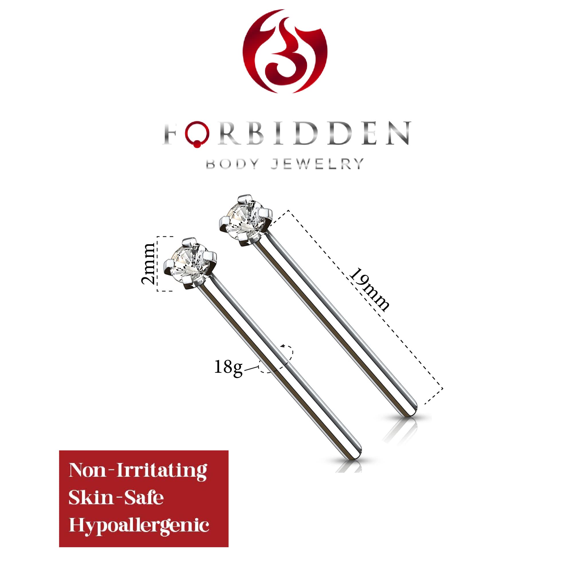 Forbidden Body Jewelry 18g Grade 23 Titanium 2mm Press Fit CZ Fishtail Custom Bend Nose Stud (2pcs)