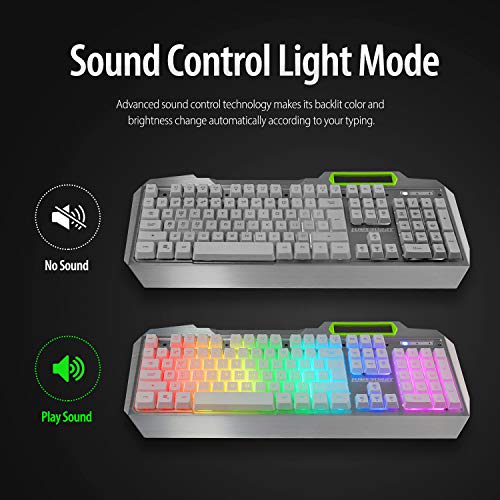 Lumsburry RGB LED Backlit Gaming Keyboard with Anti-ghosting, Light up Keys Multimedia Control, USB Wired 104 Keys Metal Keyboard for PC Games Office (Silver&White)