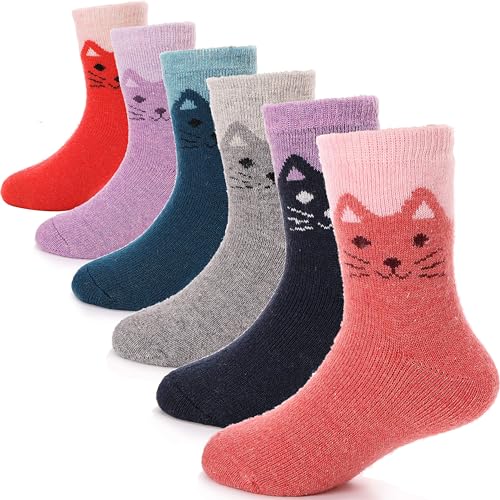 ANTSANG Kids Merino Wool Hiking Socks Toddlers Boys Girls Winter Warm Thick Thermal Crew Boot Heavy Cozy Snow Cabin Gift Snowboarding Socks 6 Pairs for Child(Cat,4-7Y)