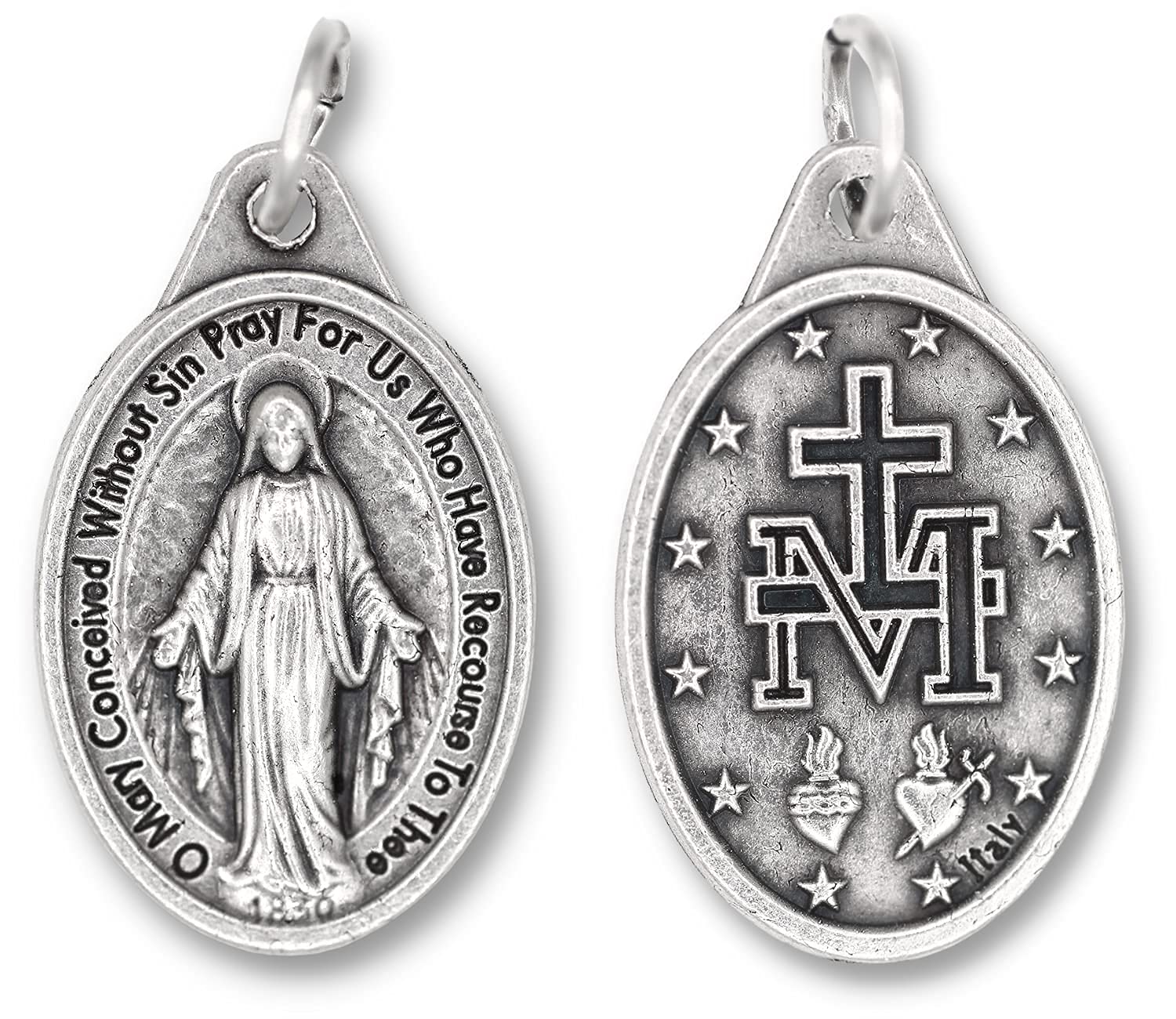 Bulk Pack of 100 - Miraculous Medal Pendant for Necklace -1" Oval Silver Oxidized Miraculous Medals Catholic, Medals for Jewelry Catholic, Made in Italy