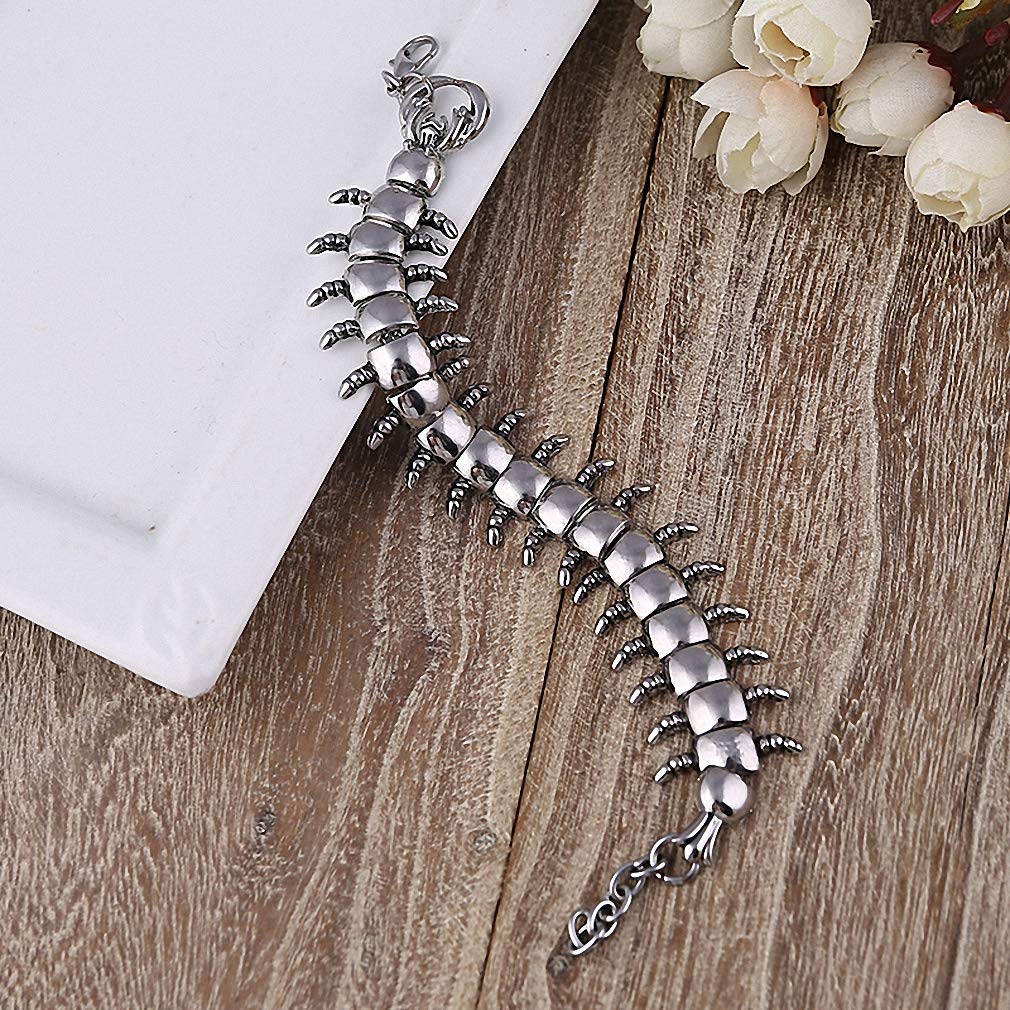 Unisex Silver Color Polished Large Centipede Stainless Steel Bracelet Party Accessories for Rapper Rock Biker Animal Lover Jewelry Christmas Birthday Friendship Good Luck Charm Prop Gothic Punk