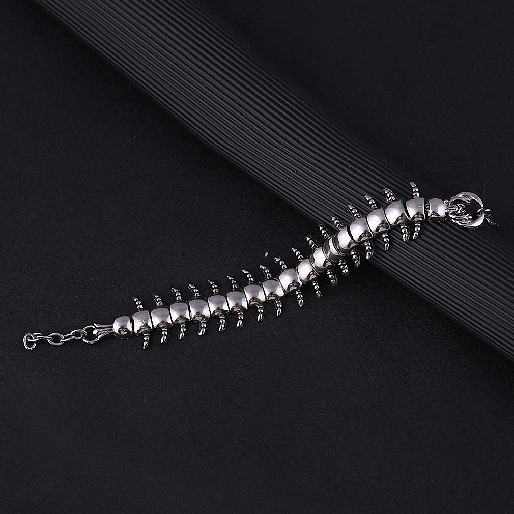 Unisex Silver Color Polished Large Centipede Stainless Steel Bracelet Party Accessories for Rapper Rock Biker Animal Lover Jewelry Christmas Birthday Friendship Good Luck Charm Prop Gothic Punk