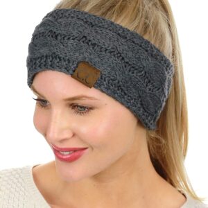 C.C Soft Stretch Winter Warm Cable Knit Fuzzy Lined Ear Warmer Headband, Dark Melange Gray