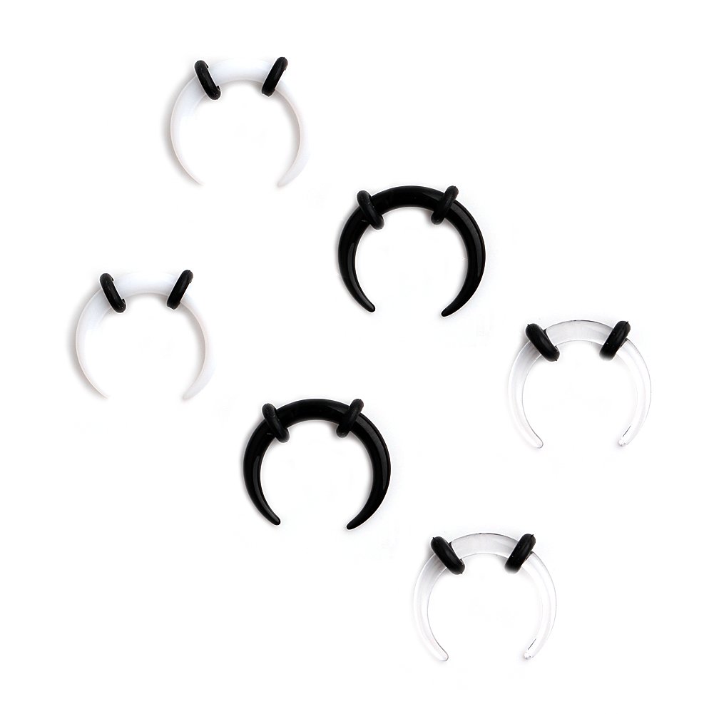 Ruifan 3prs Black/White/Clear Acrylic C shape Pincher Tapers Septum Buffalo Taper Expander Pierced Nose, Nipple or Earring Ring with Black O-Rings 14G