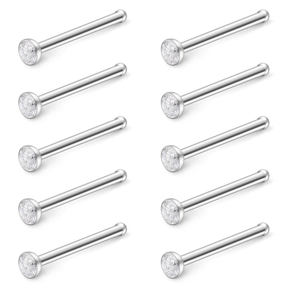 Ruifan 10PCS 18G 316L Surgical Steel 1.5mm Jeweled Clear Round Diamond Cubic Zirconia Crystal Nose Bone Studs Rings Piercing Jewelry