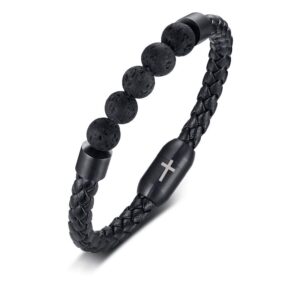 beads leather bracelet for men - black natural stone bracelets,trendy lava rock bead braided leather bracelets jewelry for him,anniversary birthday valentine's day christmas gift for men cross