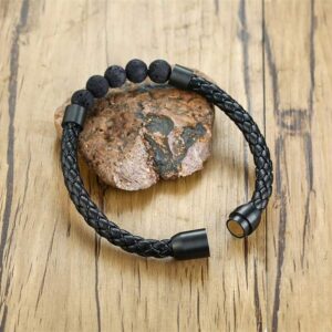 Beads Leather Bracelet for Men - Black Natural Stone Bracelets,Trendy Lava Rock Bead Braided Leather Bracelets Jewelry for Him,Anniversary Birthday Valentine's Day Christmas Gift for Men Cross