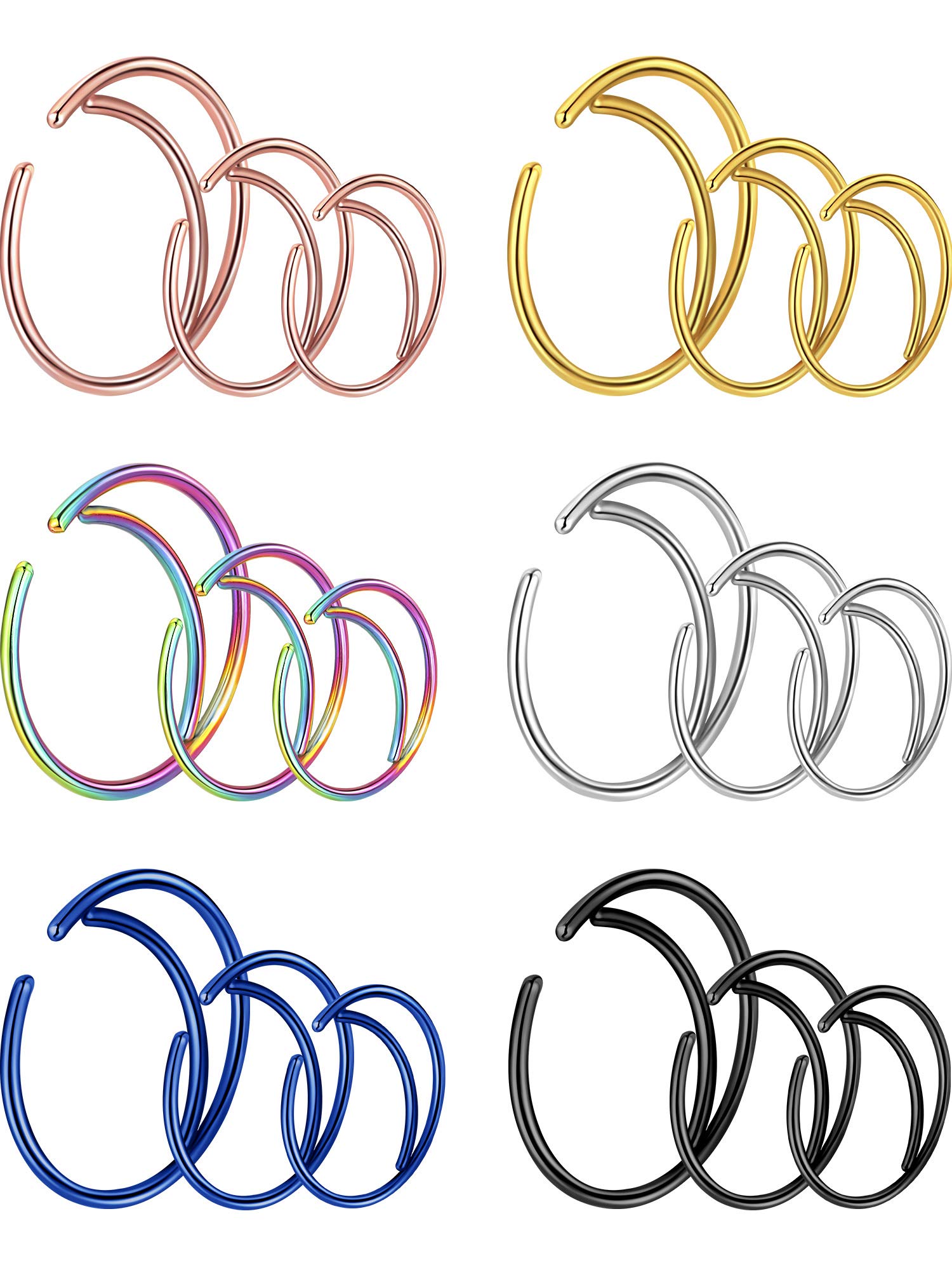 Gejoy 18 Pieces 20 G Moon Nose Ring Surgical Steel Septum Ring for Cartilage Helix Ear Piercing, 3 Sizes, 6 Colors