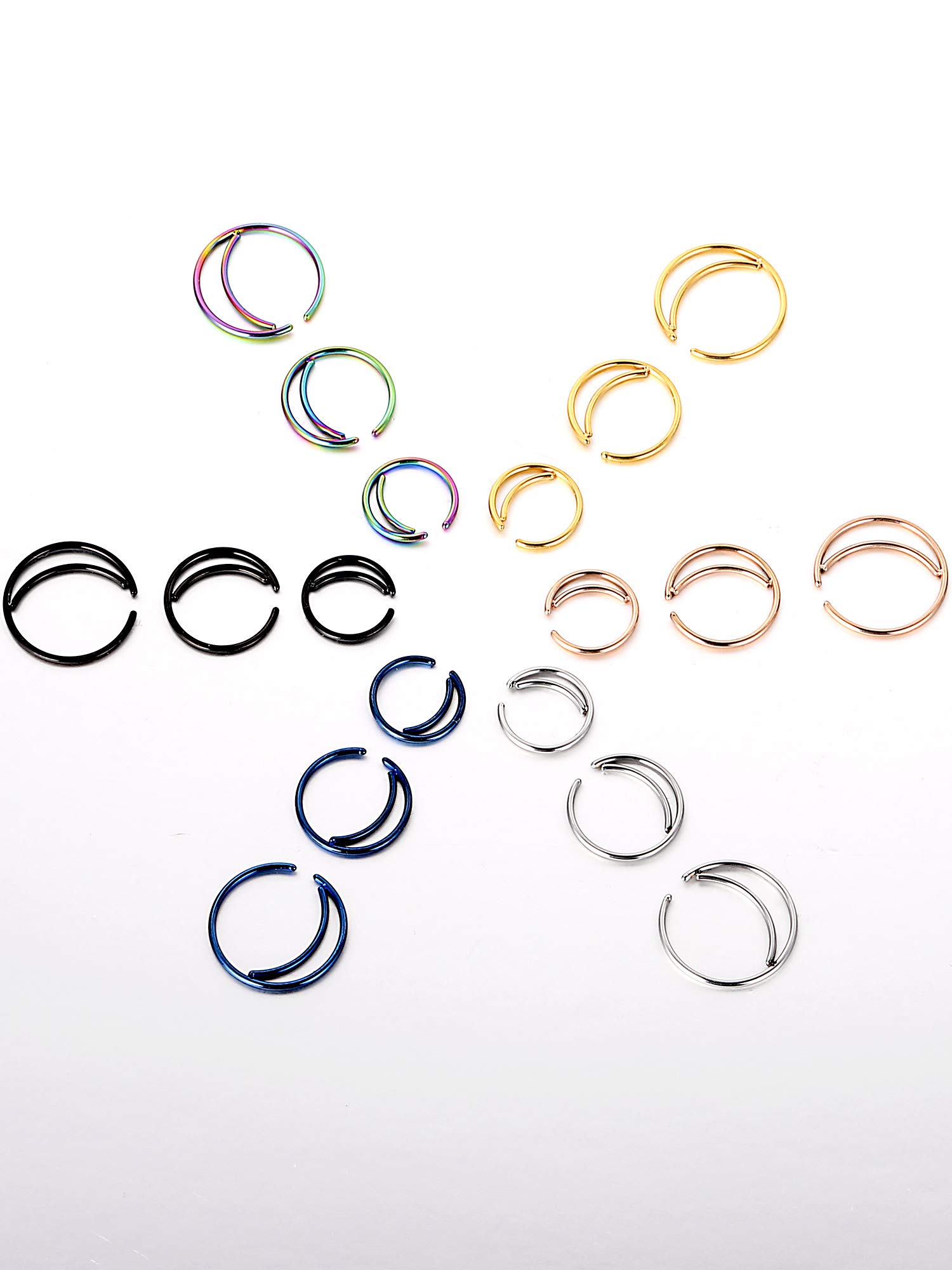 Gejoy 18 Pieces 20 G Moon Nose Ring Surgical Steel Septum Ring for Cartilage Helix Ear Piercing, 3 Sizes, 6 Colors