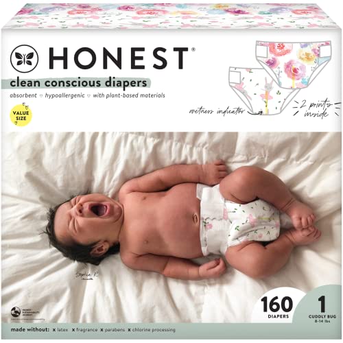 The Honest Company Clean Conscious Diapers | Plant-Based, Sustainable | Rose Blossom + Tutu Cute | Super Club Box, Size 1 (8-14 lbs), 160 Count