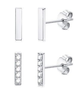 sllaiss 2 pairs 925 sterling silver tiny bar stud earrings for women men white gold plated cz bar earrings set rectangle line earrings huggie cartilage silver