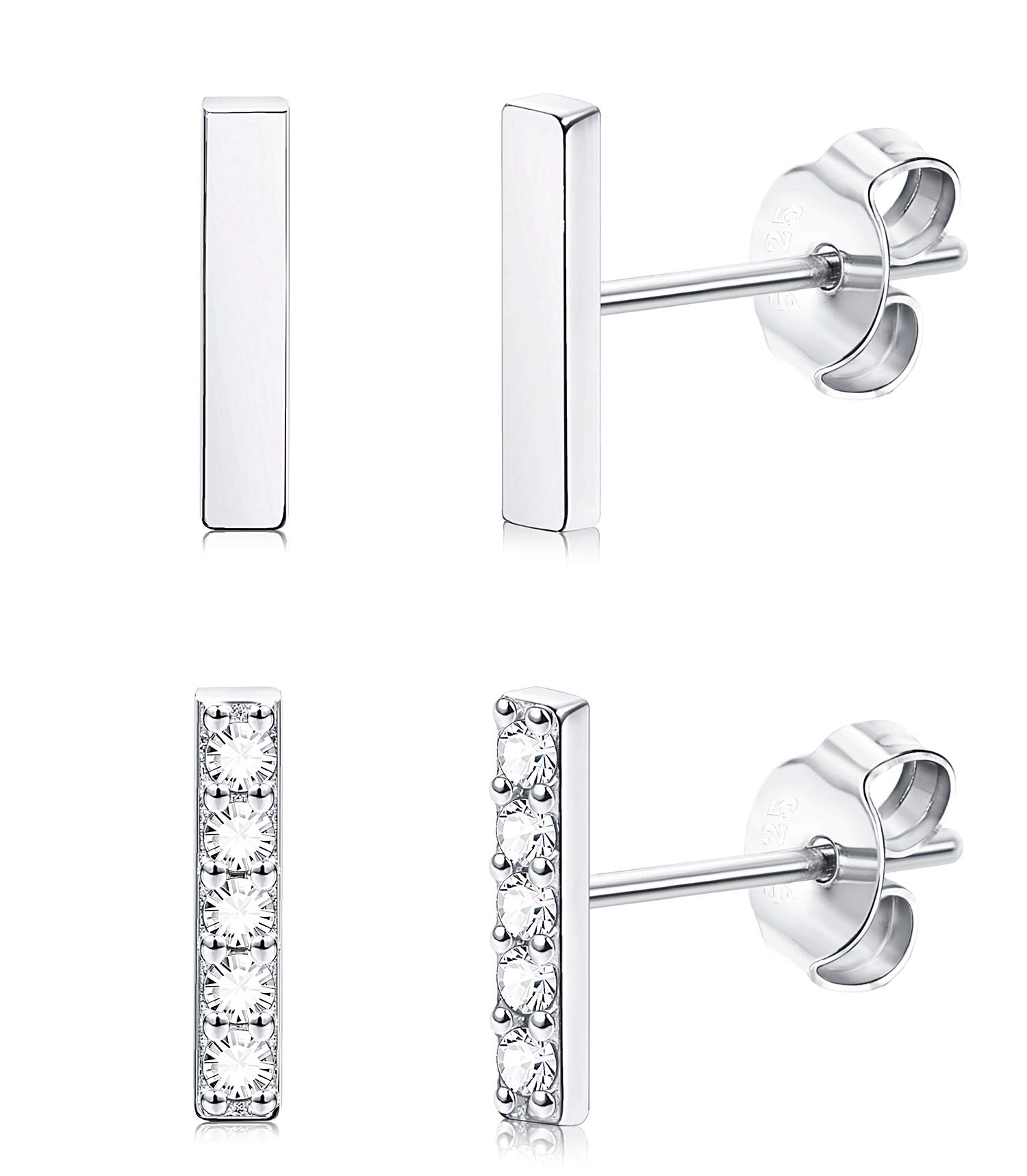 Sllaiss 2 Pairs 925 Sterling Silver Tiny Bar Stud Earrings for Women Men White Gold Plated CZ Bar Earrings Set Rectangle Line Earrings Huggie Cartilage Silver