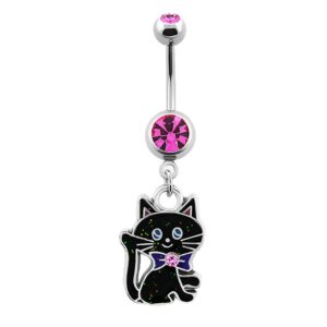 Pierced Owl Black Cat with Crystal Ribbon Dangling Belly Button Navel Ring in G23 Titanium (Pink)