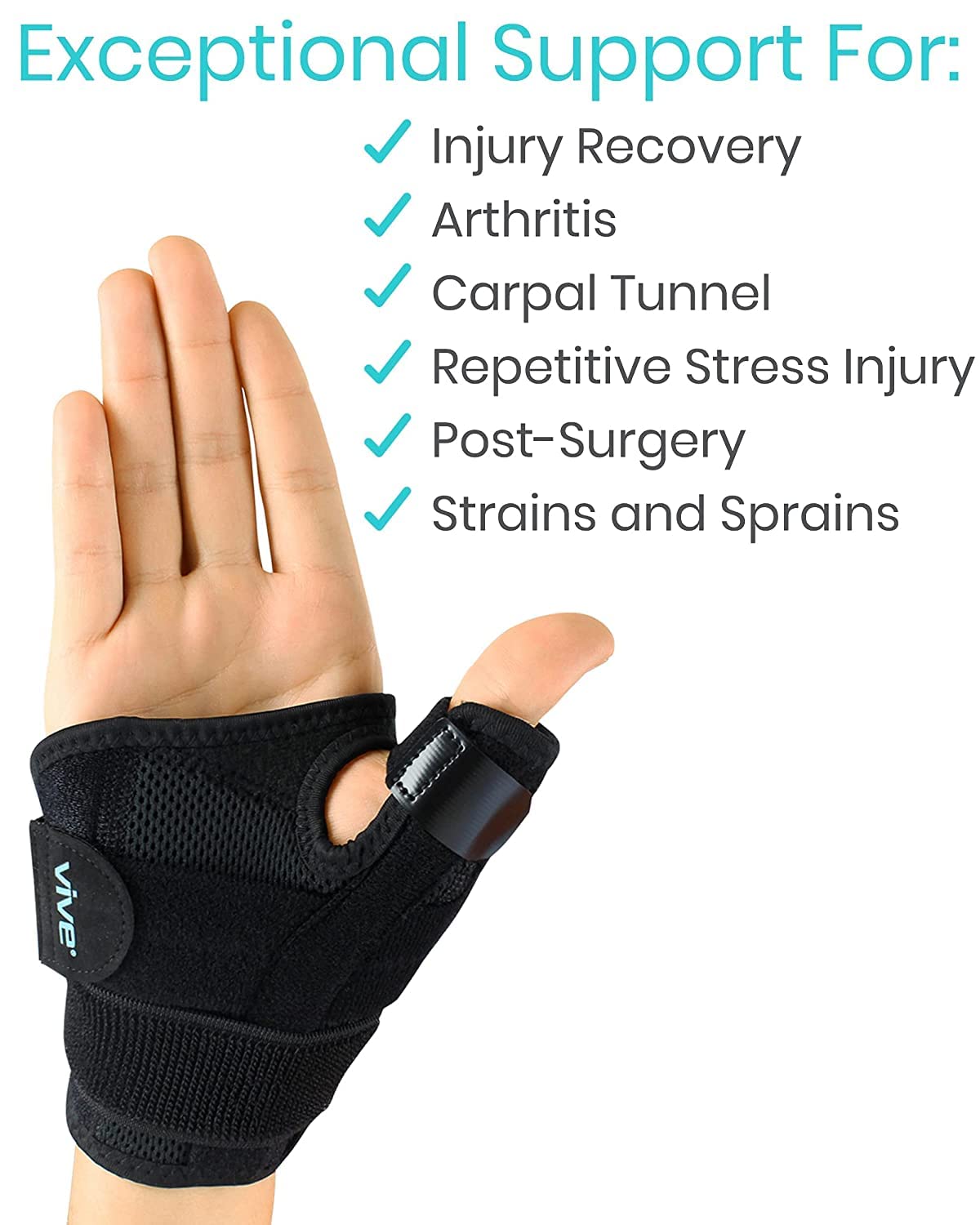 Vive Thumb & Wrist Brace for Right or Left Hand (2 Pack) - Spica Splint Brace for Carpal Tunnel, Tendonitis, & Arthritis in Hands or Fingers - Compression Support for Women Men - Stabilizer Relief