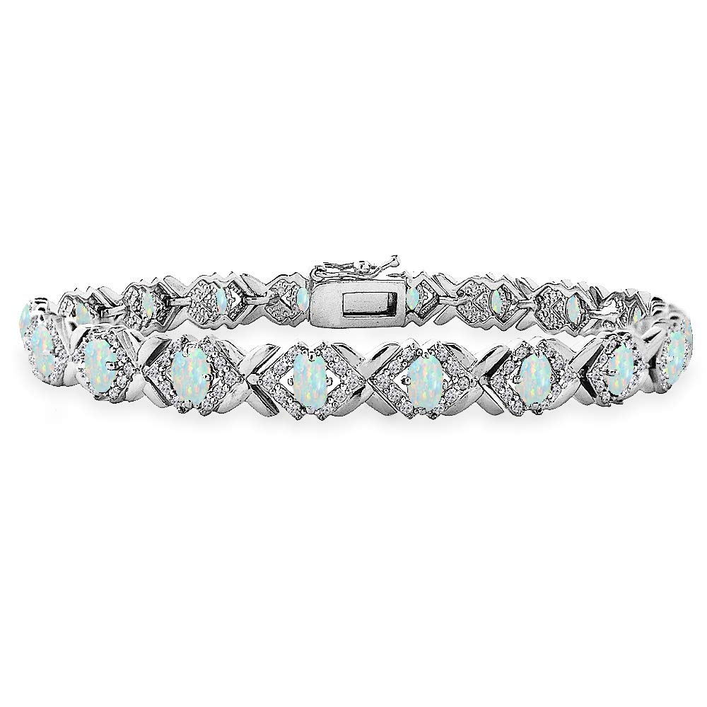 GemStar USA Sterling Silver Synthetic White Opal Oval X Design Polished Tennis Bracelet