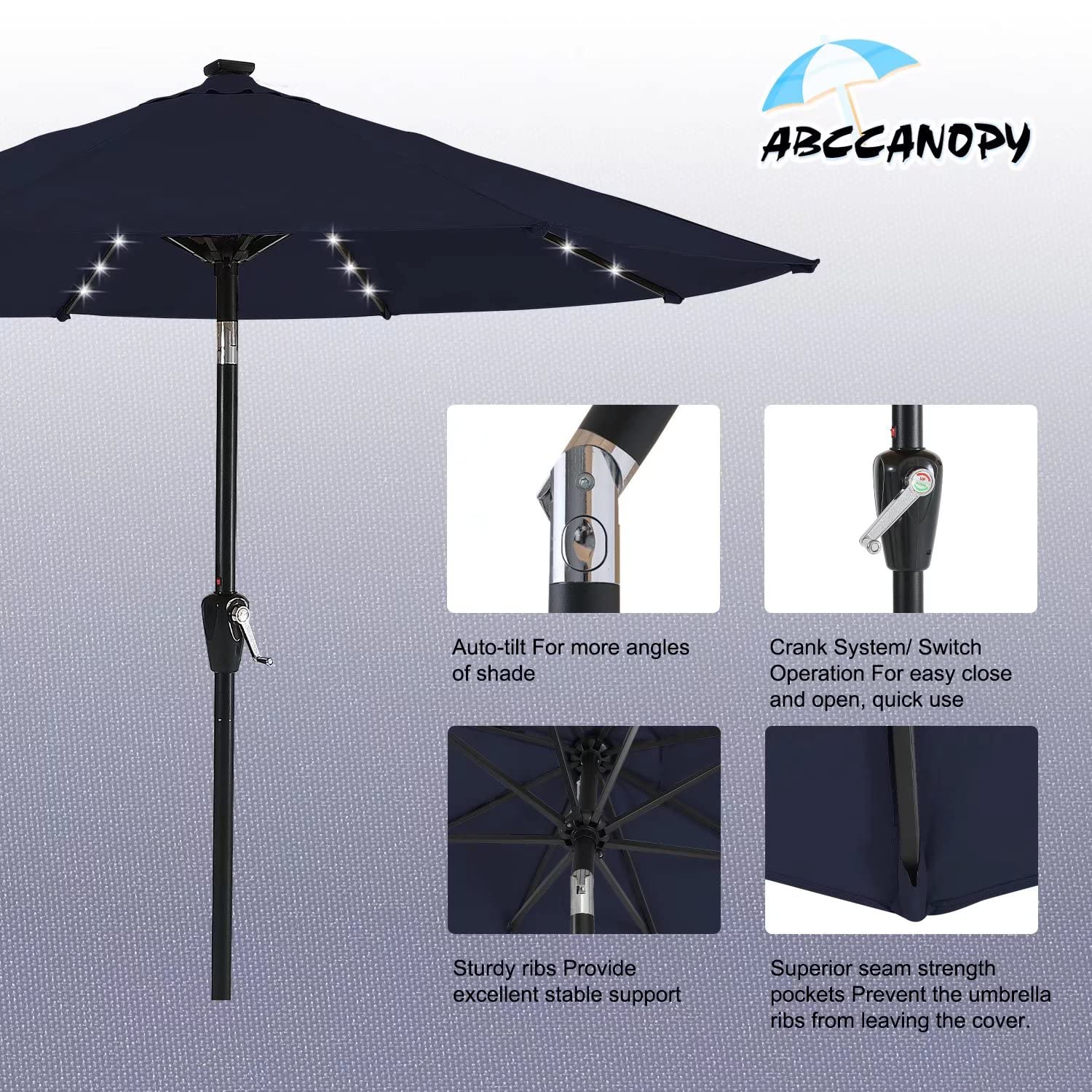 ABCCANOPY Durable Solar Led Patio Umbrellas with 32LED Lights 9FT (Navy Blue)