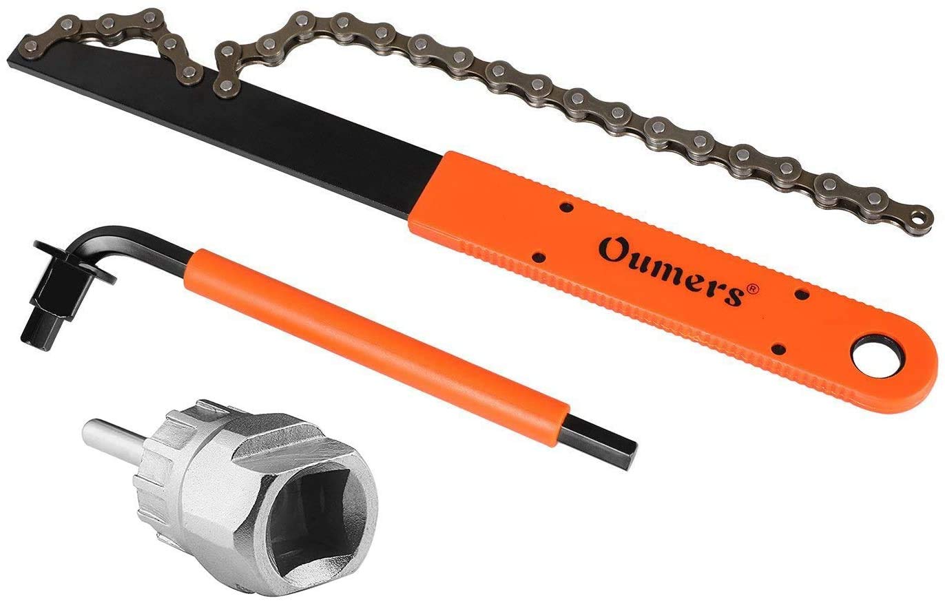 Oumers Bike Cassette Removal Tool, Cassette Freewheel Removal Tool with Chain Whip and Auxiliary Wrench Bicycle Cassette Lock Ring Removal, Freewheel Remover Wrench Sprocket Remover