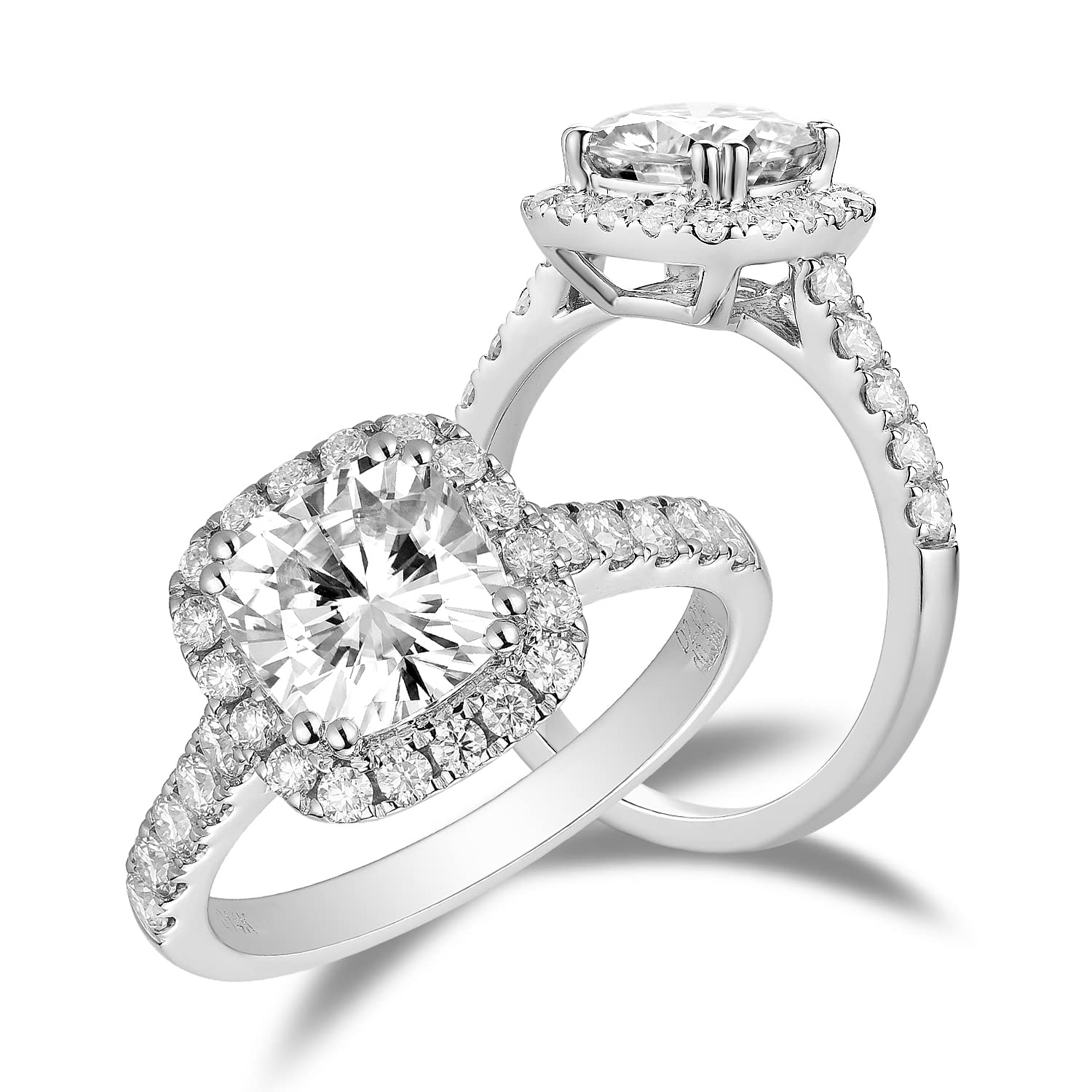 DovEggs Solid 14K White Gold Center 2ct 7.5mm G-H-I Color Cushion Cut Created Moissanite Halo Engagement Ring with Accents (6.5)