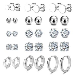 jewelrieshop earrings studs set for women stainless steel cz ball flat hoop earing hypoallergenic silver multiple piercing ear stud for men (15 pairs, silver tone)