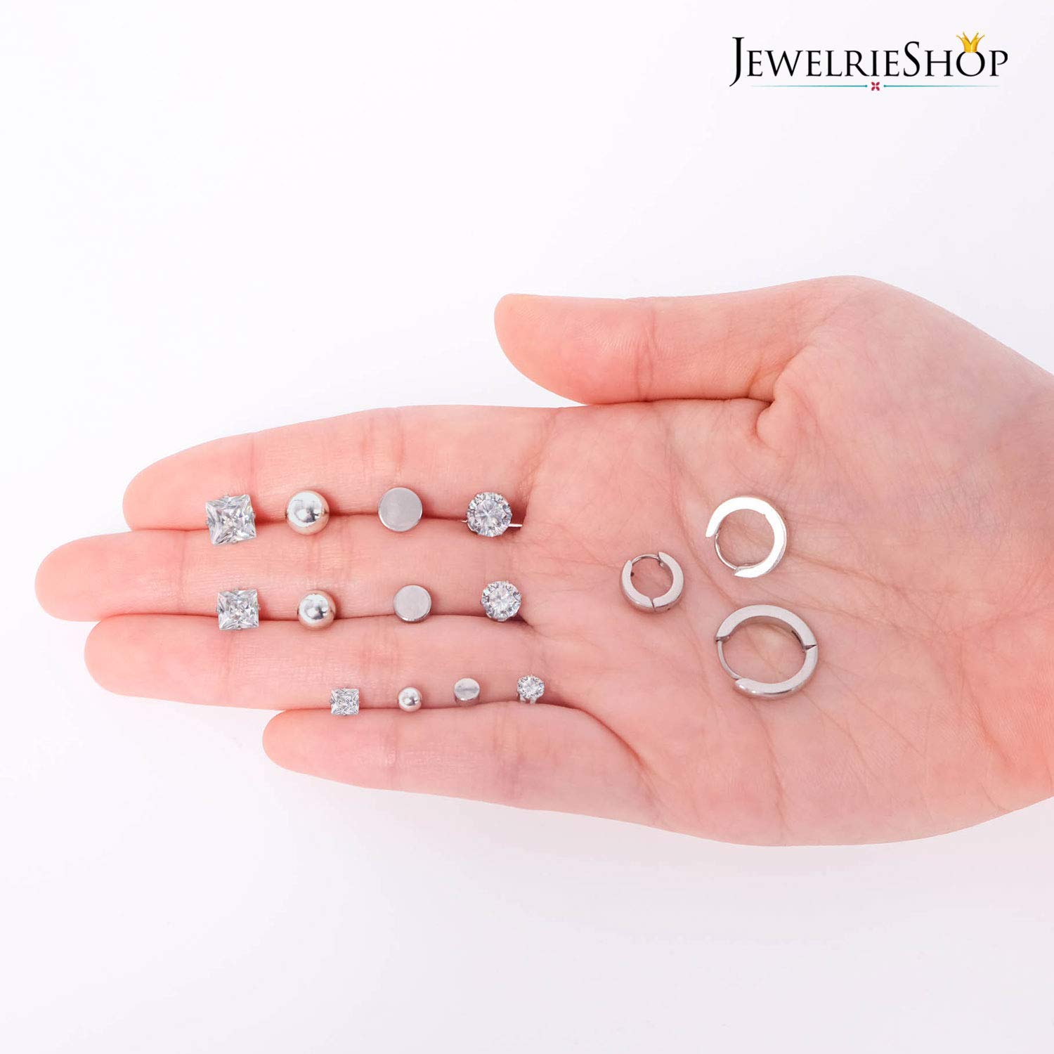 JewelrieShop Earrings Studs Set for Women Stainless Steel CZ Ball Flat Hoop Earing Hypoallergenic Silver Multiple Piercing Ear Stud for Men (15 Pairs, Silver Tone)