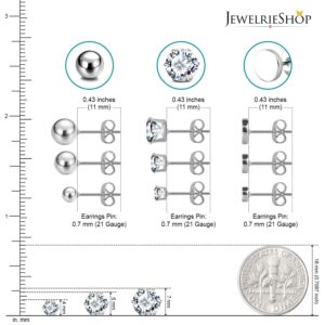 JewelrieShop Earrings Studs Set for Women Stainless Steel CZ Ball Flat Hoop Earing Hypoallergenic Silver Multiple Piercing Ear Stud for Men (15 Pairs, Silver Tone)