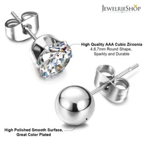 JewelrieShop Earrings Studs Set for Women Stainless Steel CZ Ball Flat Hoop Earing Hypoallergenic Silver Multiple Piercing Ear Stud for Men (15 Pairs, Silver Tone)