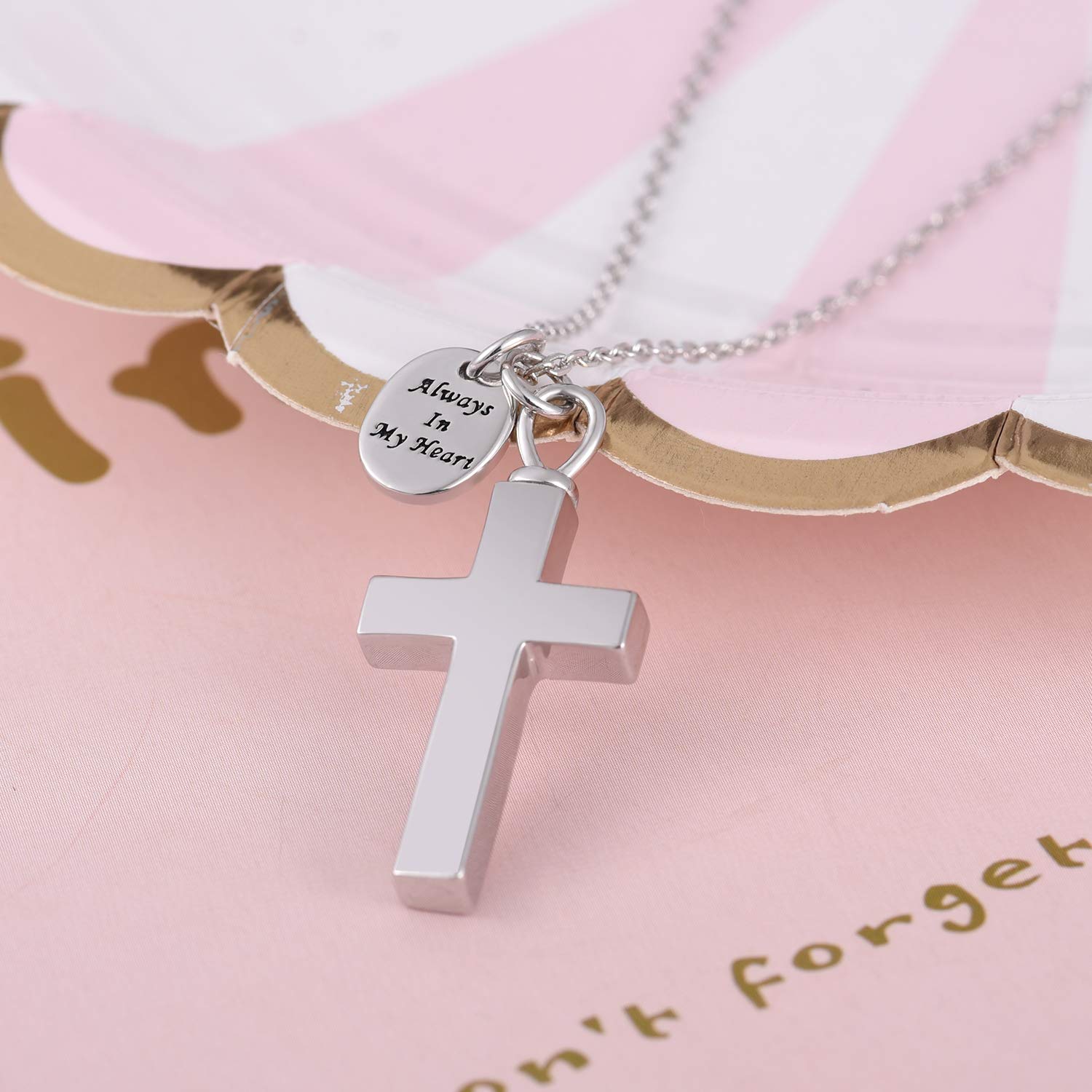 BEILIN S925 Sterling Silver Cross Urn Necklace for Women Men - Keepsake Memorial Cross Cremation Jewelry for Ashes(Always in my heart)