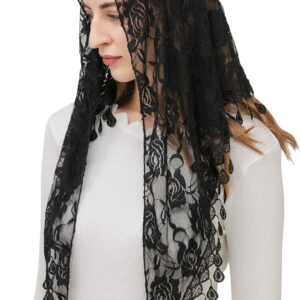 PAMOR Mass Veil Triangle Mantilla Cathedral Head Covering Chapel Veil Lace Shawl Latin Scarf (Black)