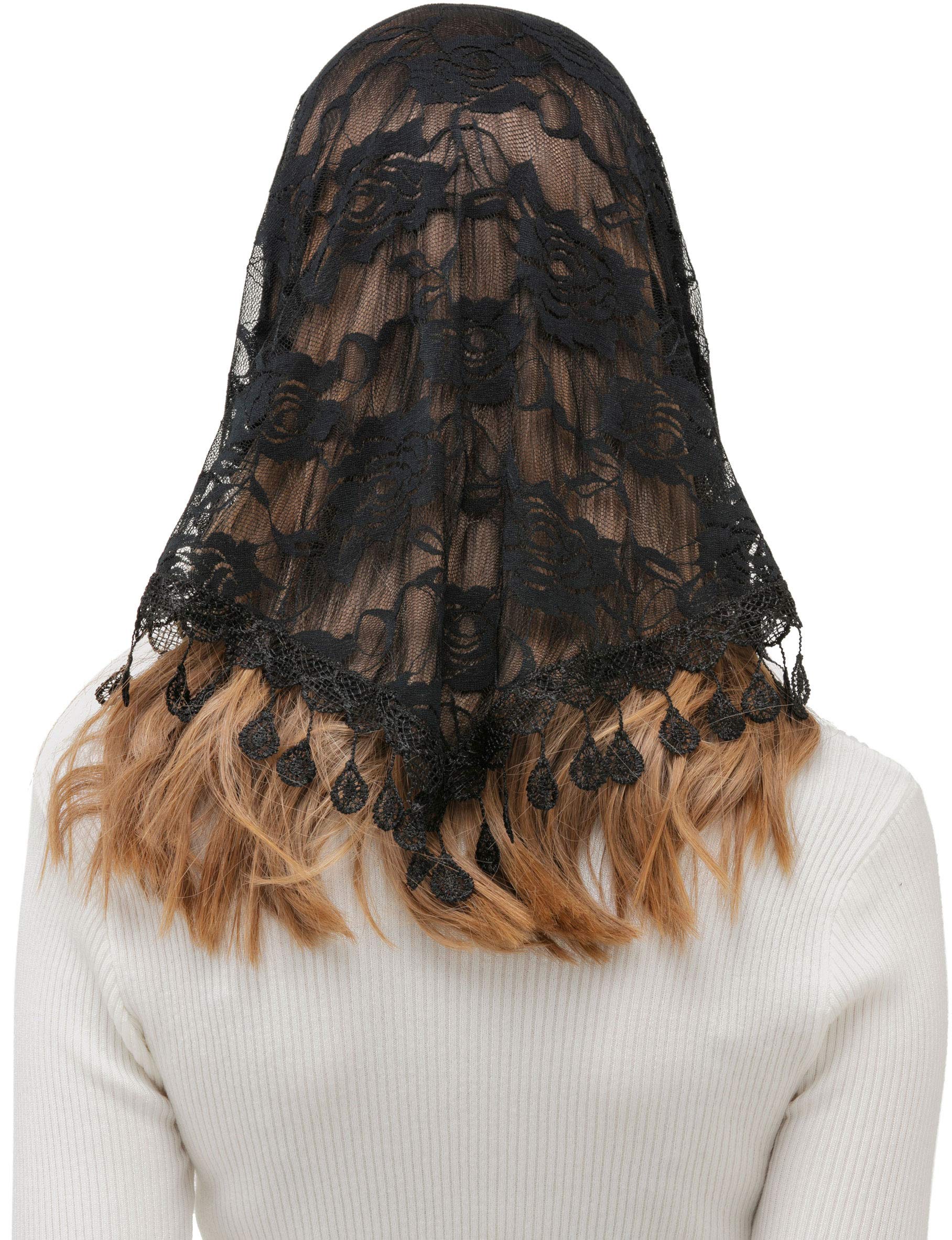 PAMOR Mass Veil Triangle Mantilla Cathedral Head Covering Chapel Veil Lace Shawl Latin Scarf (Black)