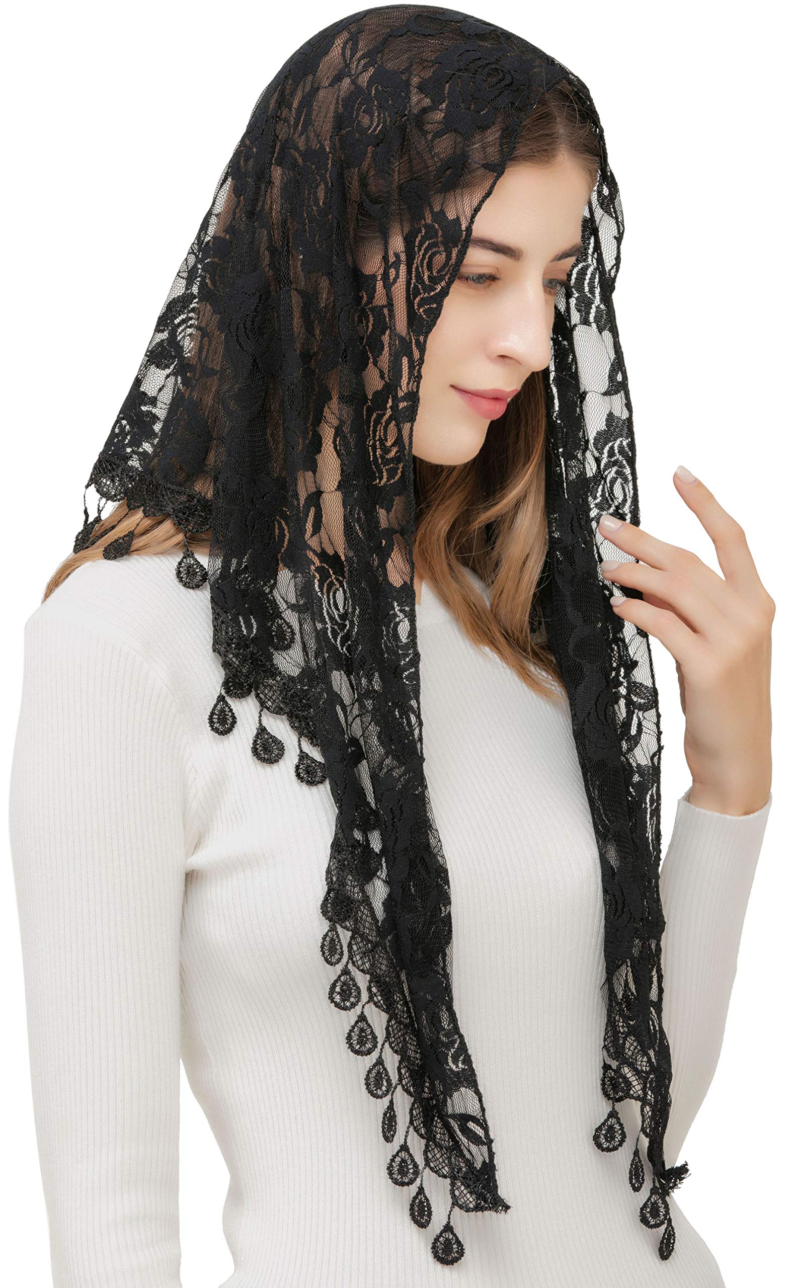 PAMOR Mass Veil Triangle Mantilla Cathedral Head Covering Chapel Veil Lace Shawl Latin Scarf (Black)