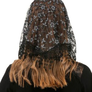 PAMOR Triangle Lace Veil Mantilla Cathedral Head Covering Chapel Veil for Mass Wedding Bridesmaids (Black)