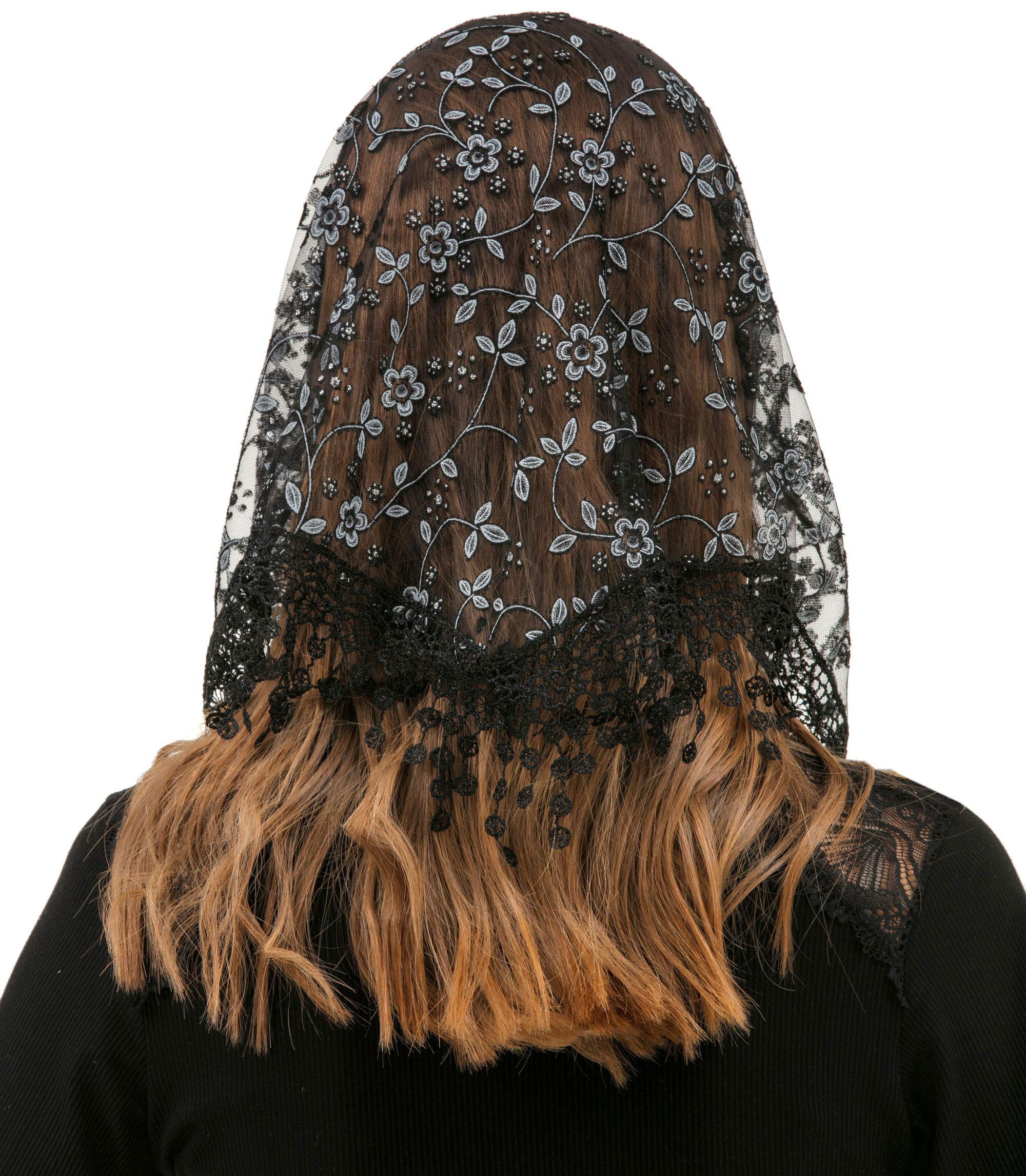 PAMOR Triangle Lace Veil Mantilla Cathedral Head Covering Chapel Veil for Mass Wedding Bridesmaids (Black)