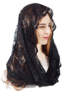 pamor infinity chapel veil floral latin mass head covering lace scarf mantilla veils for church (black)