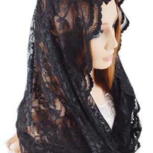 PAMOR Infinity Chapel Veil Floral Latin Mass Head Covering Lace Scarf Mantilla Veils for Church (Black)