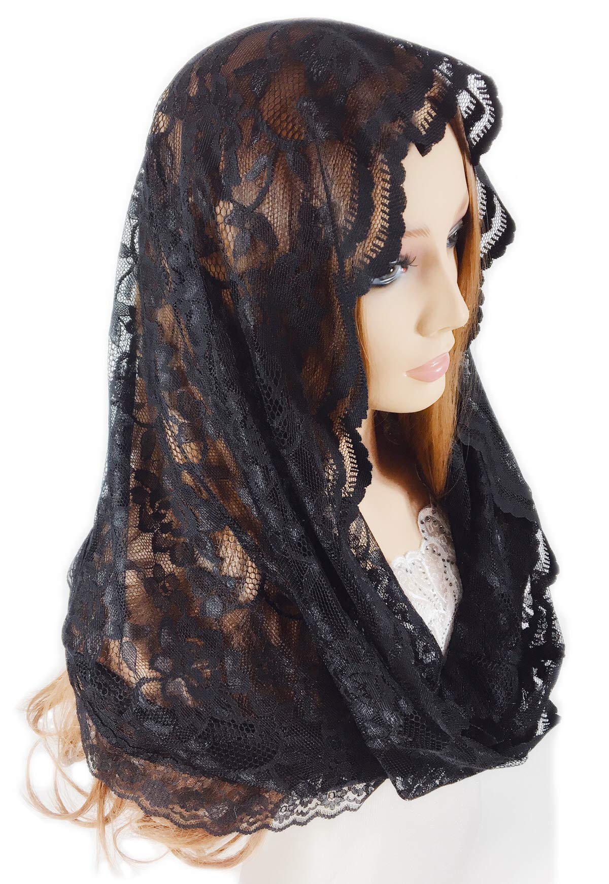 PAMOR Infinity Chapel Veil Floral Latin Mass Head Covering Lace Scarf Mantilla Veils for Church (Black)