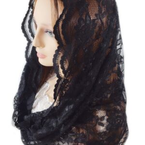 PAMOR Infinity Chapel Veil Floral Latin Mass Head Covering Lace Scarf Mantilla Veils for Church (Black)