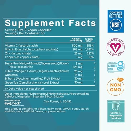 Natural Eye Health Vitamins with Bilberry Zeaxanthin Lutein - Macular Support Supplement, Formula Based On AREDS2® Clinical Trials Plus Carotenoids Quercetin EGCG - Macutene® Protect (60 Capsules)