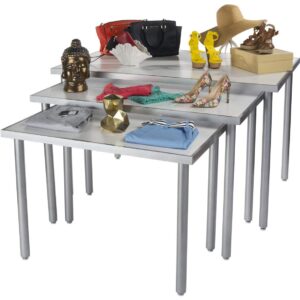 Displays2go, White Nesting Tables for Retail, Steel, MDF, Melamine Build – White, Silver Finish (NST3T48WT)