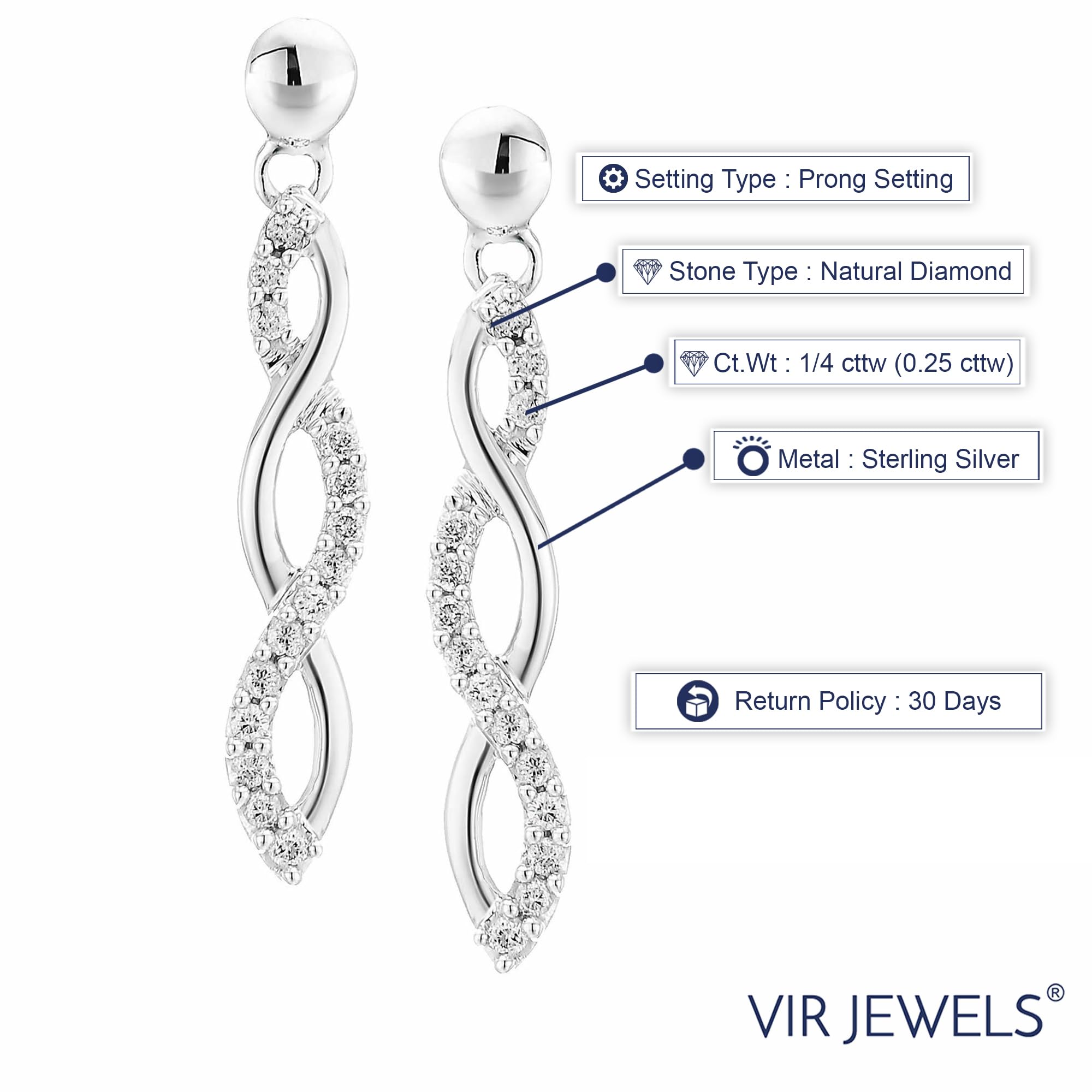 Vir Jewels 1/4 cttw Diamond Infinity Dangle Earrings .925 Sterling Silver 1 Inch Push Backs