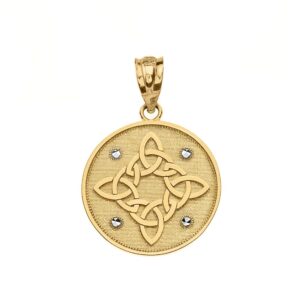 solid 14k yellow gold round celtic trinity knot disc pendant