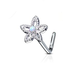 Amelia Fashion 20 Gauge Contour Flower With Opal Dome Center Nose Stud Ring L Bend 316L Surgical Steel (CHOOSE COLOR) (Opal White)