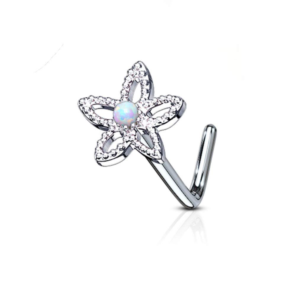 Amelia Fashion 20 Gauge Contour Flower With Opal Dome Center Nose Stud Ring L Bend 316L Surgical Steel (CHOOSE COLOR) (Opal White)