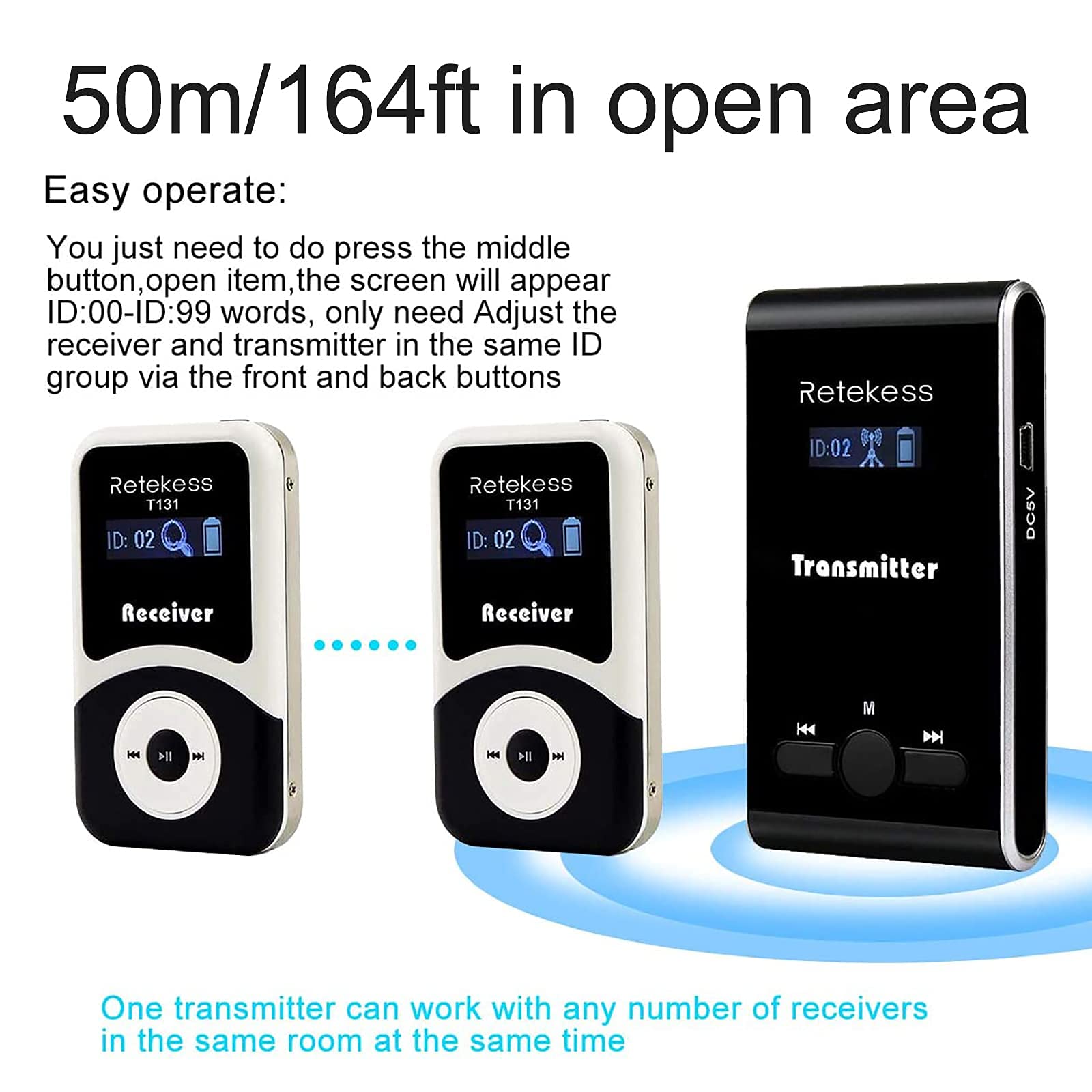 Retekess T130 Wireless Tour Guide System Headsets Voice Transmission, Simple Basic, Easy Operation, Translator Interpretation Equipment for Church, Conference (Case of 1 Transmitter 6 Receivers)