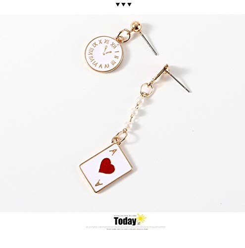 Asymmetric Clock Poker Dangle Earrings,Long Pentagram Alarm Clock Drop Earrings for Women Birthday Gifts Queen of Hearts Costume Earrings